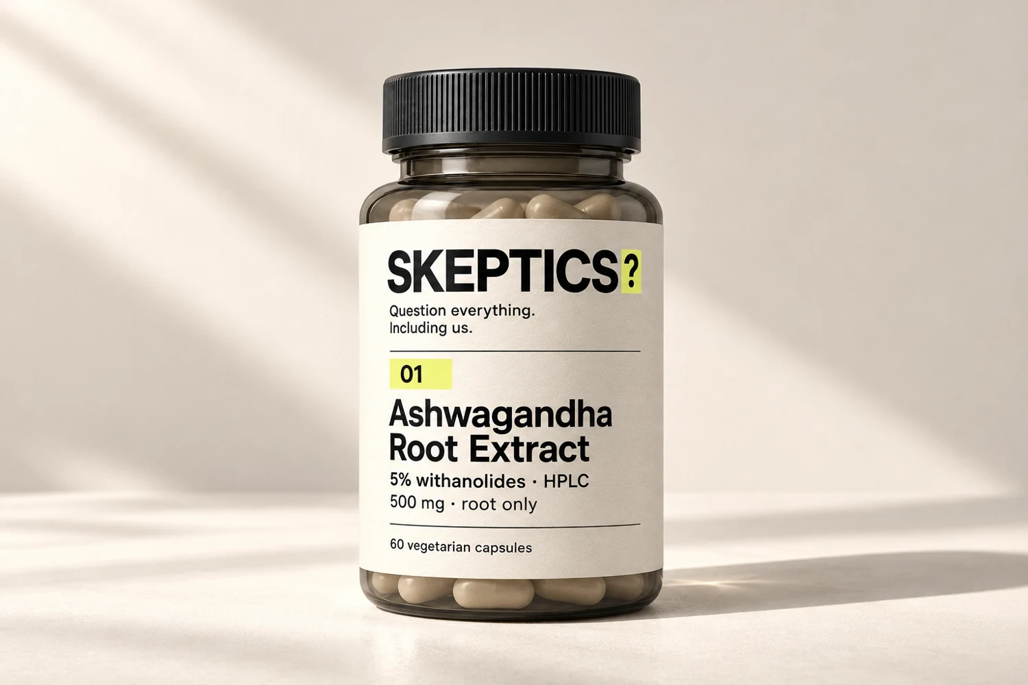 Skeptics Ashwagandha Root Extract bottle with its specification on the front label